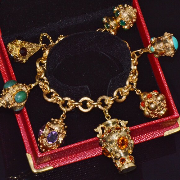 Estate Italian Etruscan Solid 18K Gold Citrine Turquoise Charm Fob Bracelet - Picture 10 of 14
